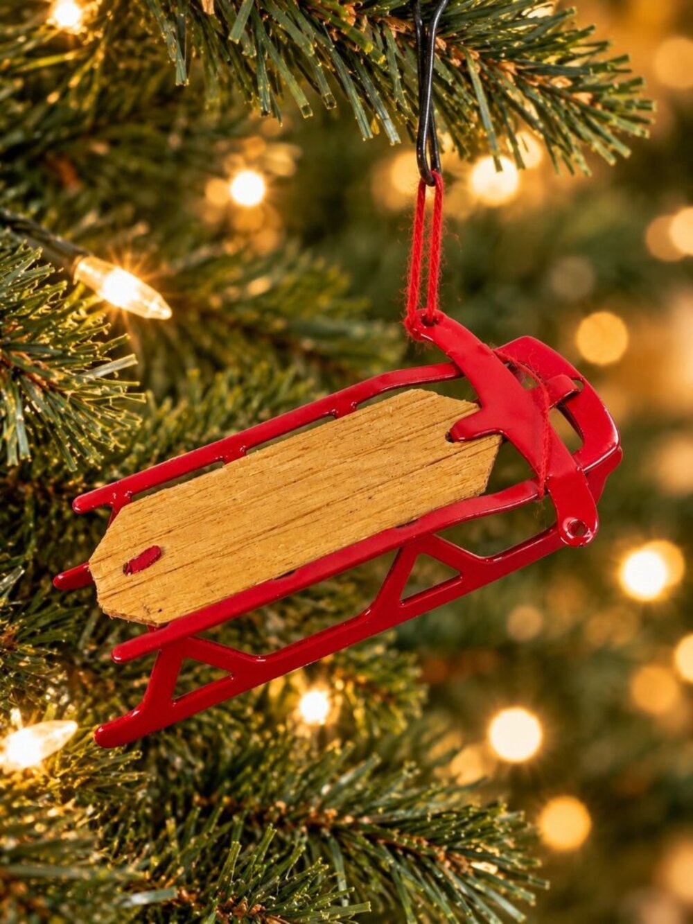 Miniature Red & Wood Sled Christmas Ornament Vintage Holiday Decor